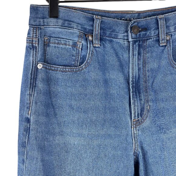 American Eagle Mom Jeans 6 High Rise Ripped Knee Tapered Leg Raw Hem Blue Denim - Picture 3 of 8